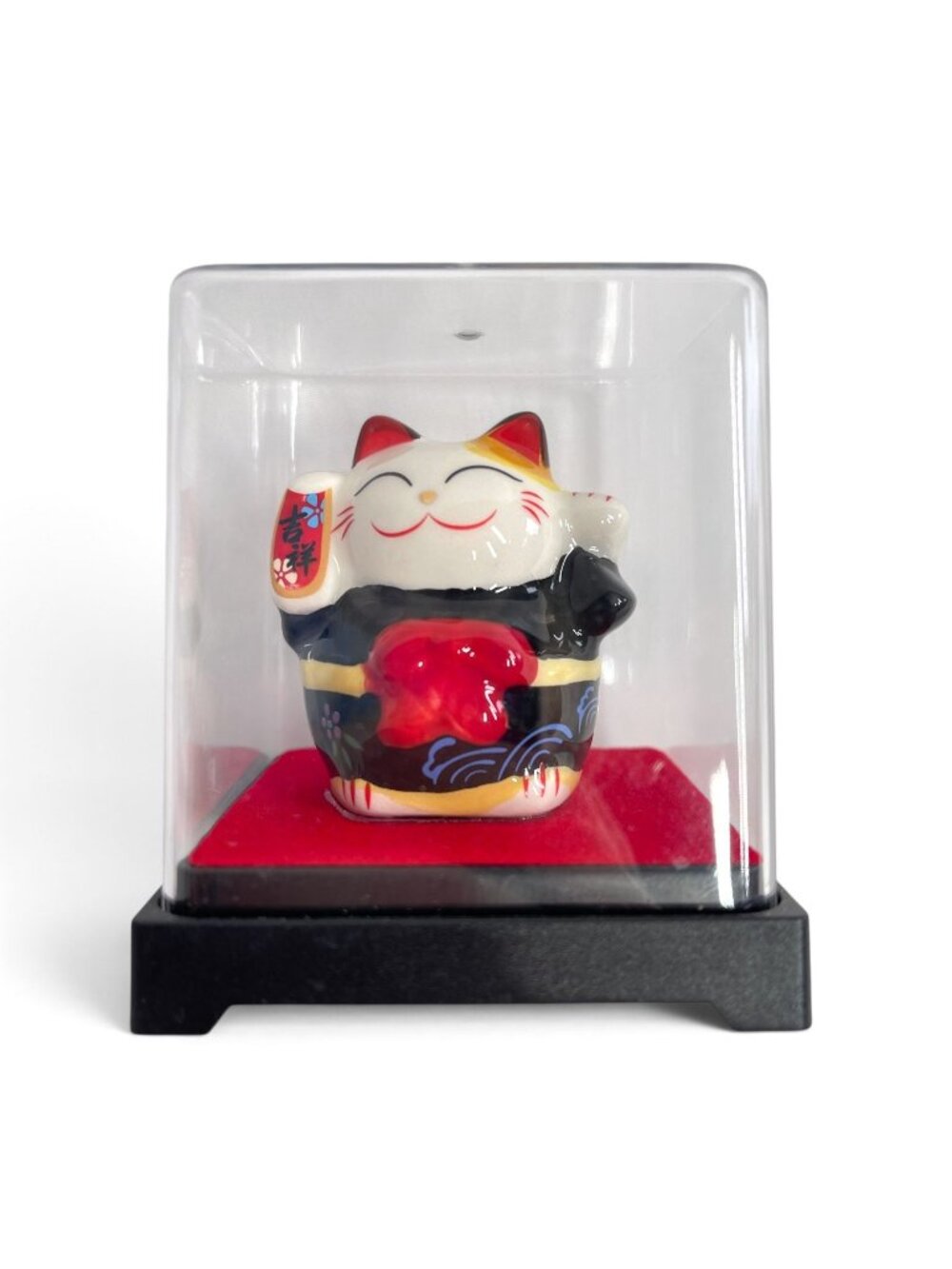 Lucky Cat Figurine In Display Box With Black & Red Kimono Design @3"